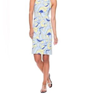 J. MCLAUGHLIN Edie A-Line Dress Catalina Cloth Fabric Blue Yellow Geo Geometric